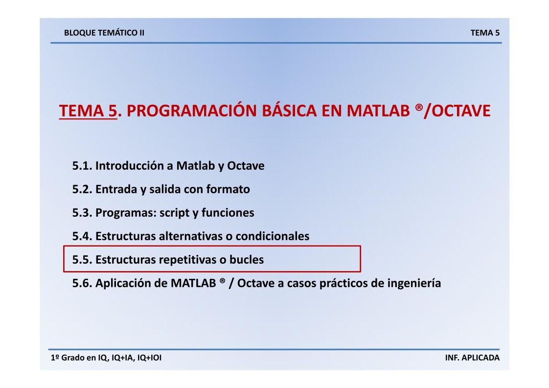 Imágen de pdf 5.5. Estructuras repetitivas o bucles - Programación básica en Matlab
